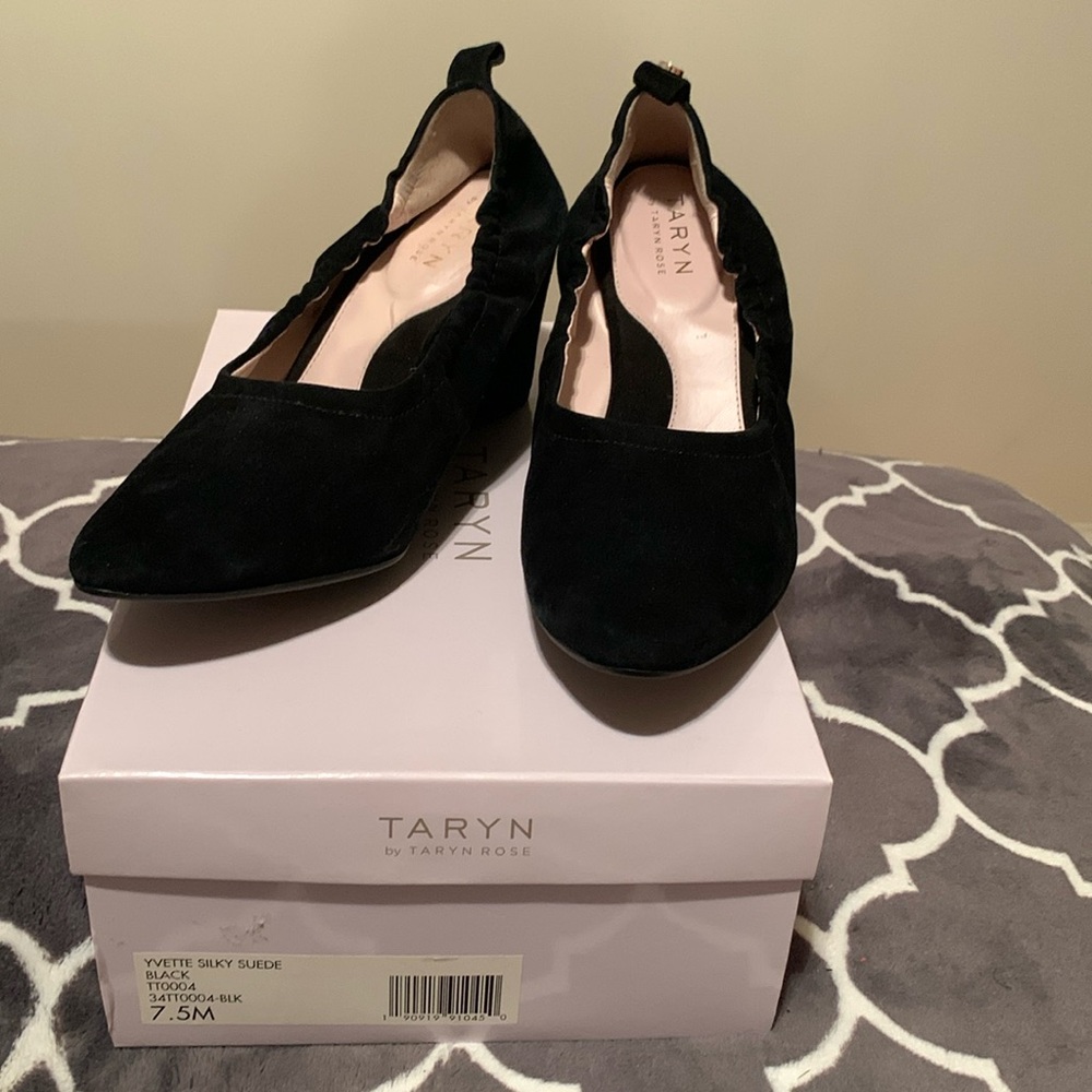 Women’s black suede wedge by Taryn Rose